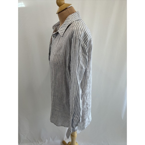 Roots Canada Womens Linen Popover Size XS Blue & White Striped Top Beach Coastal - Picture 3 of 9
